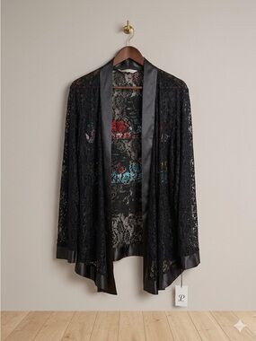 Penningtons Black Lace Open-Front Cardigan with Satin Trim